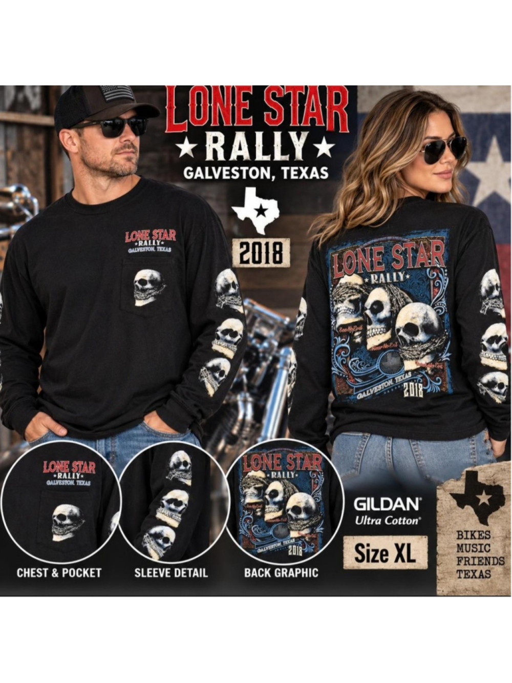 Lone Star Rally Galveston Texas 2018 Skull Long Sleeve Pocket Tee XL Unisex